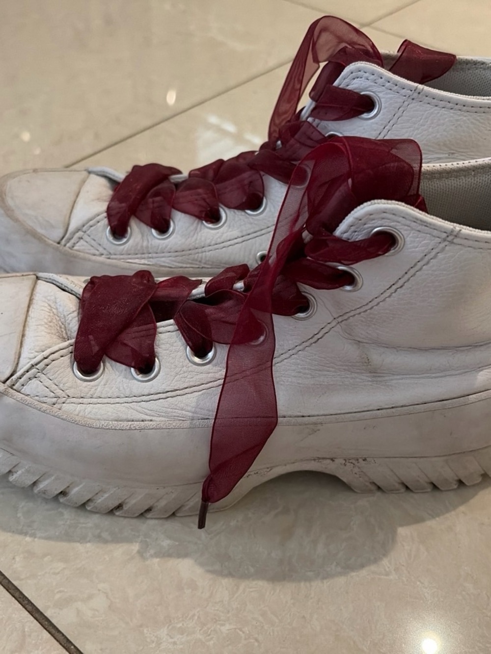Converse White Platform Sneakers with Burgundy Ribbon Laces